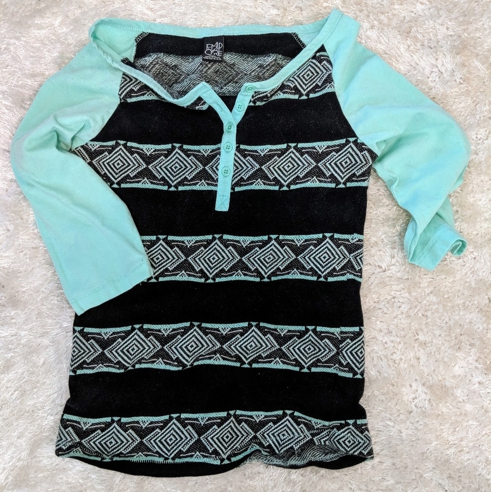 Empyre Henley Shirt Knox Black & Mint Tribal Print